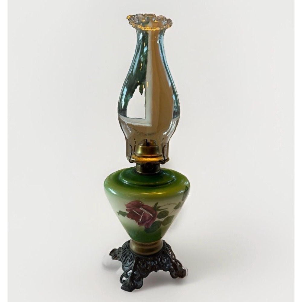 Antique Oil Lamp Plume & Atwood, Victorian Green Glass Kerosene Parlor Lamp